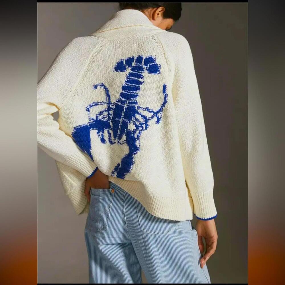 Cream Knit Cardigan with Blue Lobster Intarsia
